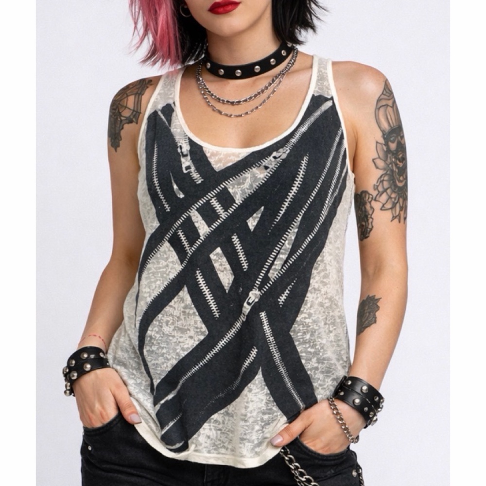 (VTG) MORPHINE GENERATION • Cream/Black Sheer Zipper-Print Racerback Tank Top, M
